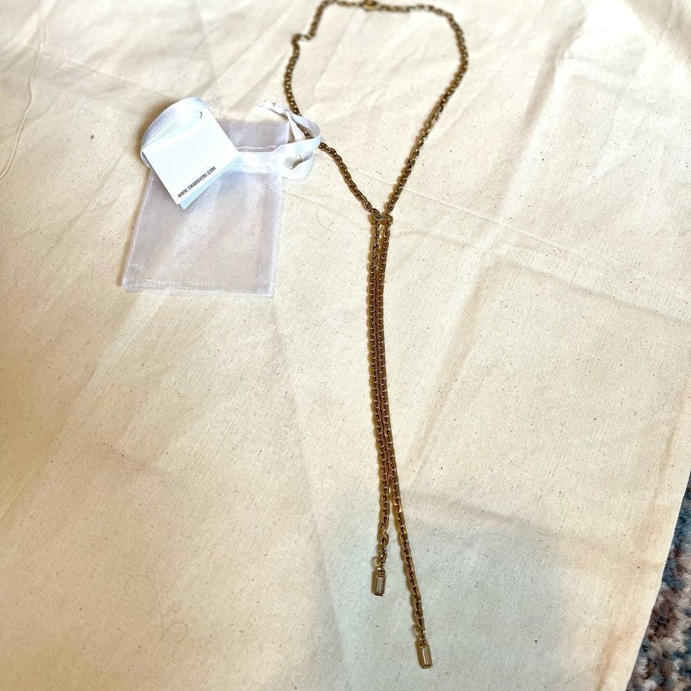 NWT Karl Lagerfeld x Swarovski Crystal Baguette Lariat Liquid Gold Drop Necklace - Picture 5 of 7